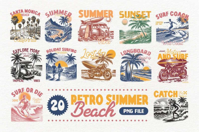 Retro Summer Graphic T-shirt Designs Bundle | Summer PNG Sublimation Bundle