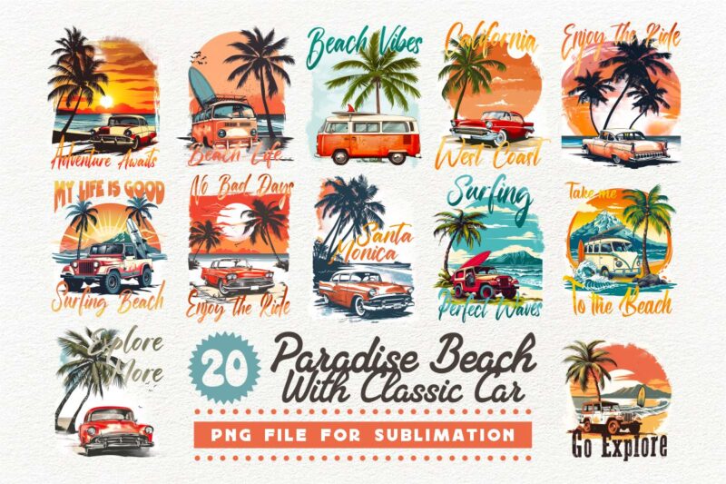 Retro Summer Graphic T-shirt Designs Bundle | Summer PNG Sublimation Bundle