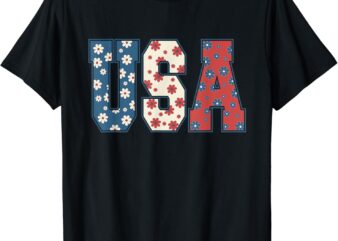 Retro 4th of July USA Floral Flowers Independence day Women T-Shirt