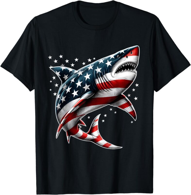 Shark American Flag USA 4th of July Funny Boys Girls Kids T-Shirt