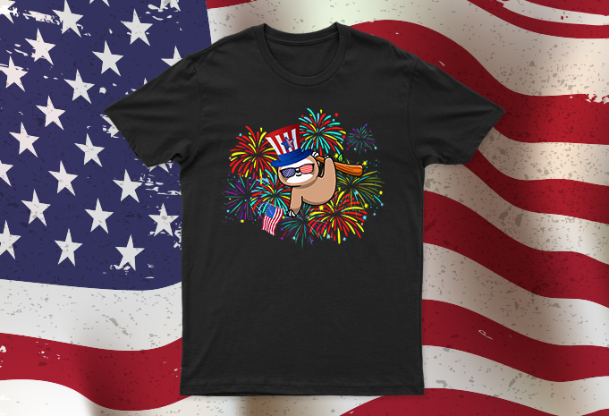 Sloth With American Flag And Cap | Funny Independence Day Sloth T-Shirt Design For Sale | All Files Very Easy To Use Design.