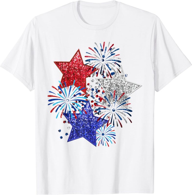 Sparkly 4th of July Fireworks Stars Funny Cute 4th of July T-Shirt