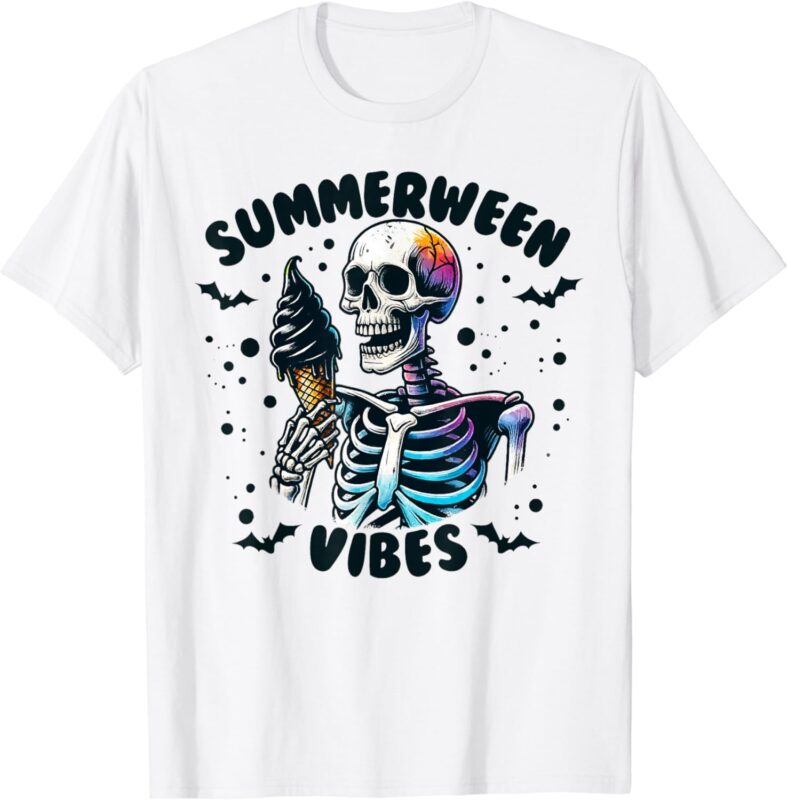 Summerween Vibes Skeleton Ice Cream Summer Vacation Funny T-Shirt