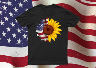 Sun Flower + American Flag | Beautiful T-Shirt Design For Sale | All Files | Easy To Use Design.