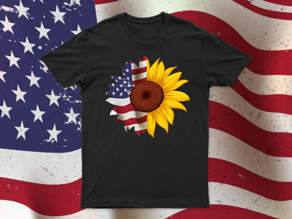 Sun flower + american flag | beautiful t-shirt design for sale | all files | easy to use design.