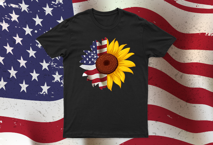 Sun Flower + American Flag | Beautiful T-Shirt Design For Sale | All Files | Easy To Use Design.