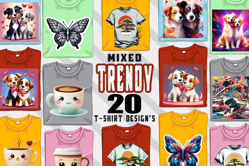 20 Trendy Mixed Niches T-shirt Illustration Clipart Bundle crafted for Print on Demand websites