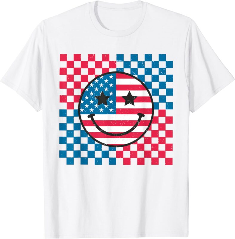 USA Checkerboard 4th Of July Happy Face American T-Shirt