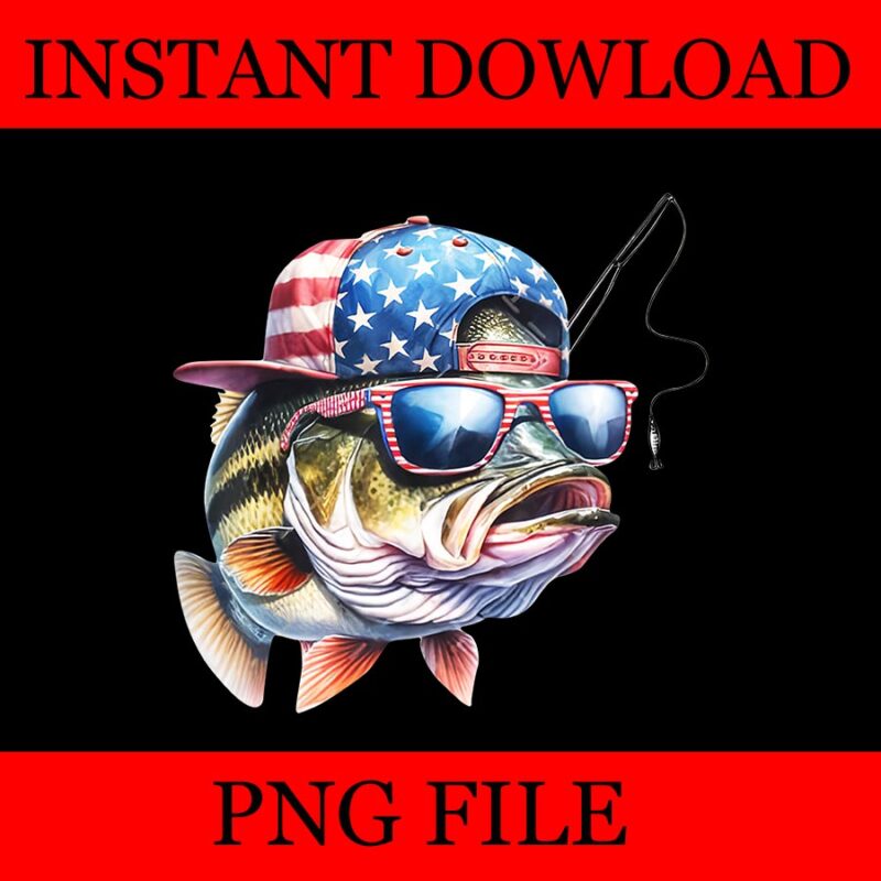 Fish 4th Of July PNG, Bass Fish USA Flag Fishing 4th July PNG