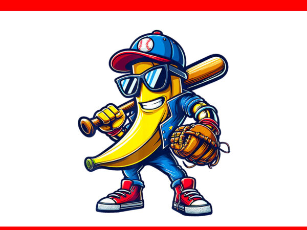 Banana playing baseball png, fruit lover funny baseball player png t shirt template