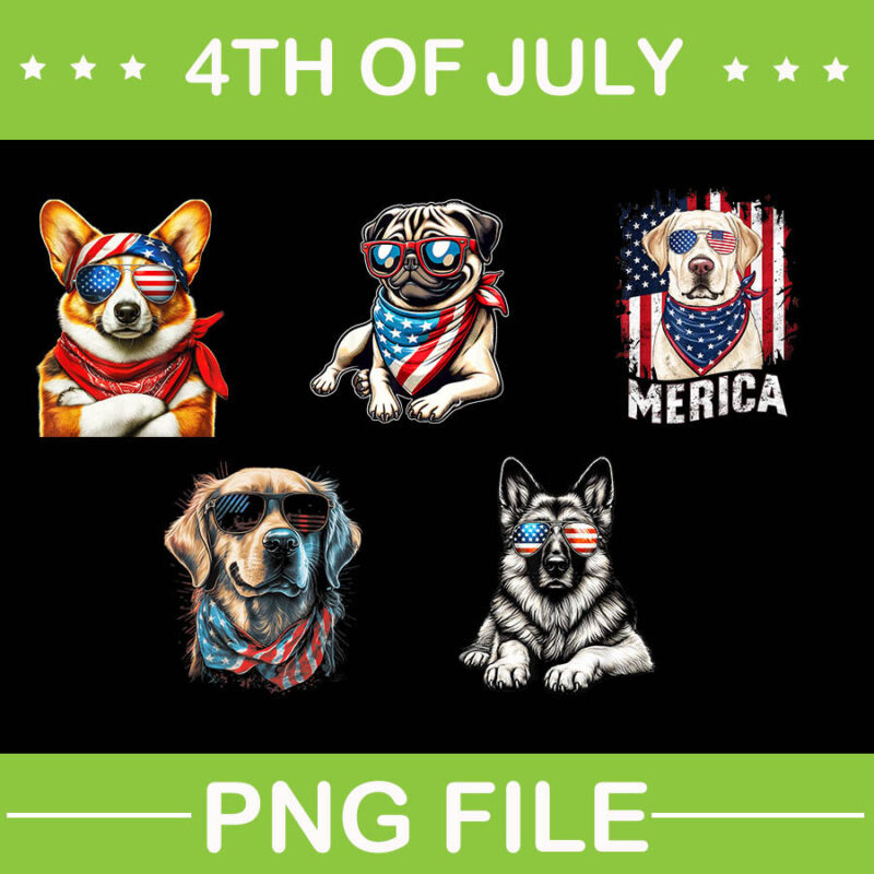 Bundle Dog 4th Of July PNG, Pug Dog 4th Of July, Corgi 4th Of July, Chocolate Labrador 4th Of July, Australian Shepherd 4th Of July,