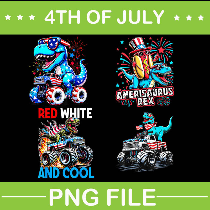 Dinosaur 4th Of July PNG, Dinosaur T-Rex Monster Truck PNG,