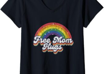 Womens Free Mom Hugs Rainbow Bisexual Lesbian LGBT Flag Pride Month V-Neck T-Shirt