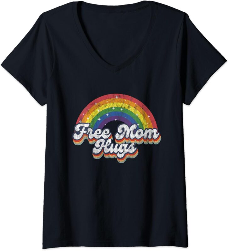 Womens Free Mom Hugs Rainbow Bisexual Lesbian LGBT Flag Pride Month V-Neck T-Shirt