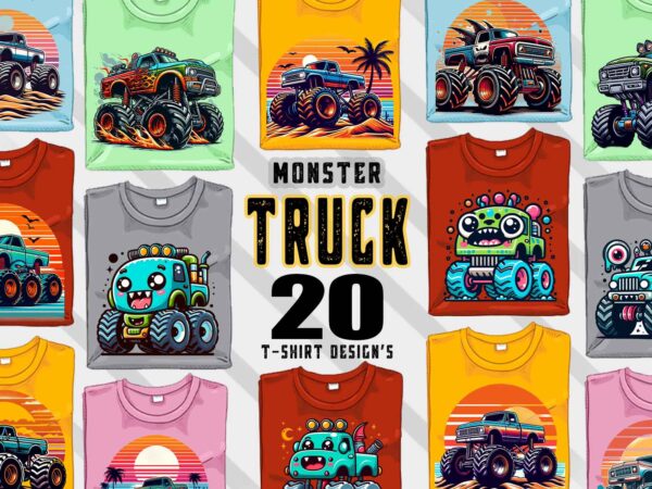 20 vintage monster truck illustration t-shirt clipart bundle for your t-shirt crafted for print on demand websites