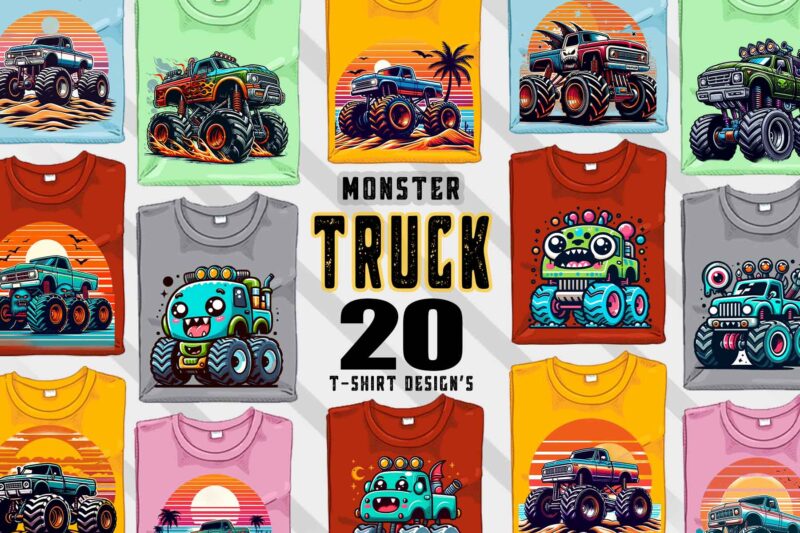 20 Vintage Monster truck Illustration T-shirt Clipart Bundle for Your T-Shirt crafted for Print on Demand websites