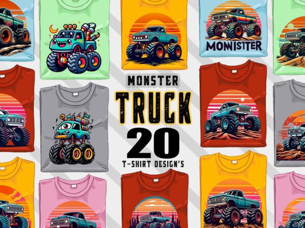 20 retro monster truck t-shirt illustration clipart bundle for trendy t-shirt designs