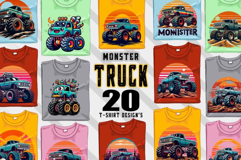 20 Retro Monster Truck T-shirt Illustration Clipart Bundle for Trendy T-Shirt Designs