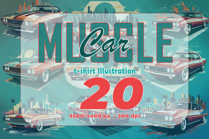 Mega t-shirt design bundle with 20 png designs – download instantly American Muscle Car T-shirt Design Illustration