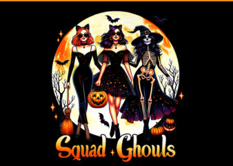 Squad Ghouls Witches PNG, Trendy Walking Ghouls Witches Squad Halloween PNG t shirt template vector