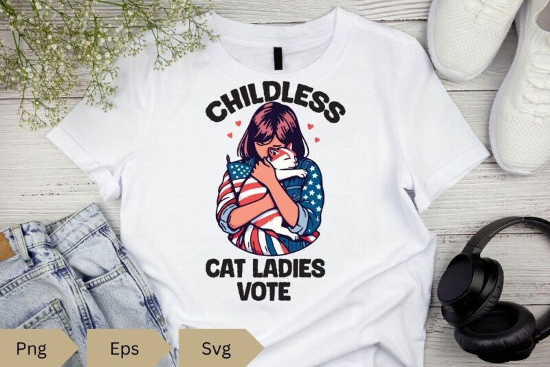 Funny Childless Cat Ladies Vote T-shirt design vector, funny cat lady art, cat girl usa flag vector, Funny Cat Childless Cat Ladies