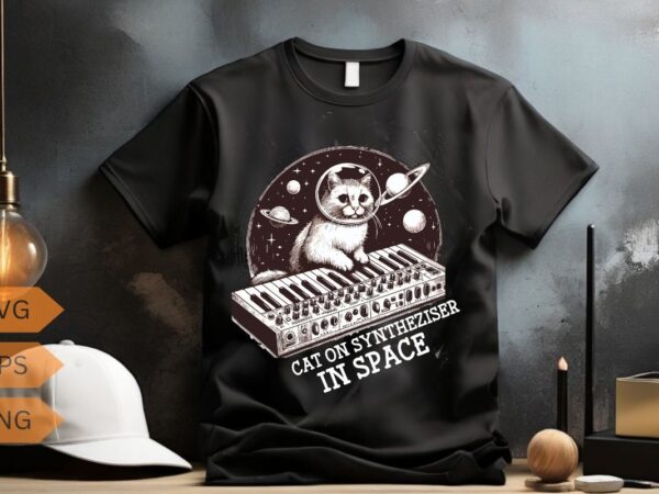 Cat synthesizer in space funny cat vector, cat t-shirts, synth t-shirts, synthesizer t-shirts, cat on synthesizer in space t-shirts, cat on