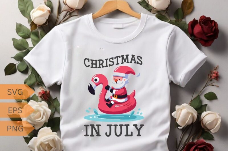 Christmas In July Beach Summer flamingo T-Shirt design vector, santa riding on flamingo swimming ring, Christmas In July shirt vector