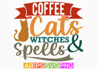 coffee cats witches and spells, heart shape cats handwriting graphic, wildlife greeting for cat lover graphic vintage style design art