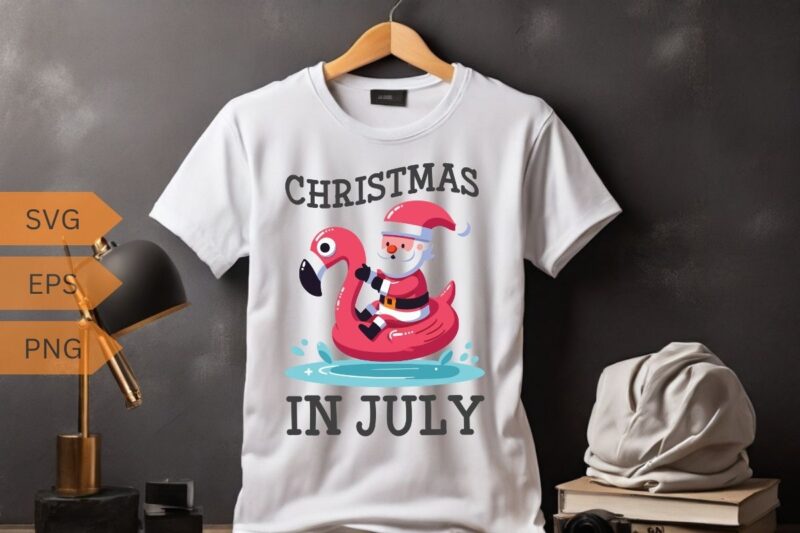 Christmas In July Beach Summer flamingo T-Shirt design vector, santa riding on flamingo swimming ring, Christmas In July shirt vector