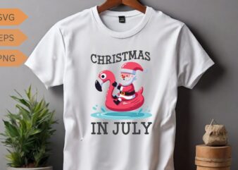 Christmas in july beach summer flamingo t-shirt design vector, santa riding on flamingo swimming ring, christmas in july shirt vector