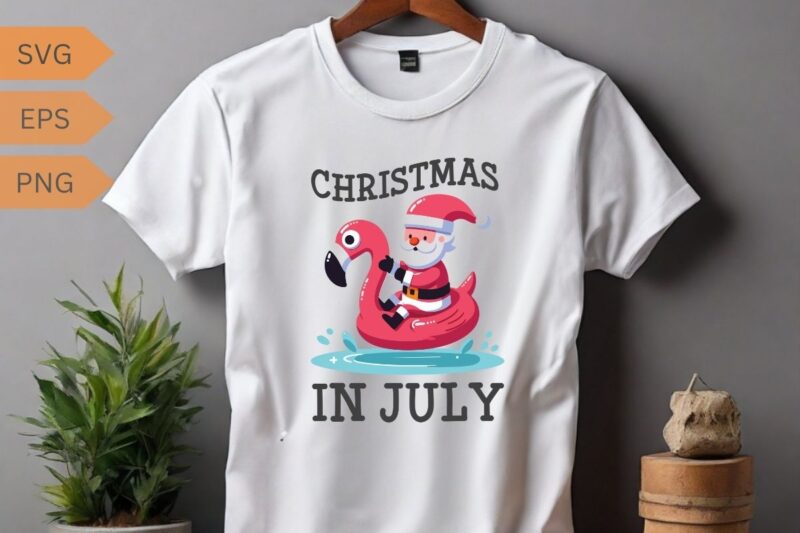 Christmas In July Beach Summer flamingo T-Shirt design vector, santa riding on flamingo swimming ring, Christmas In July shirt vector