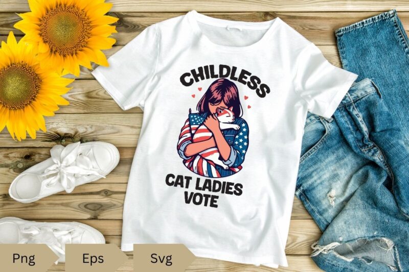 Funny Childless Cat Ladies Vote T-shirt design vector, funny cat lady art, cat girl usa flag vector, Funny Cat Childless Cat Ladies