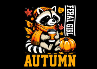 Racoon Fall Season PNG, Feral Girl Autumn Raccoon PNG, Racoon Halloween Pumpkin Season PNG, Feral Girl Halloween Raccoon PNG, Cute But Fera