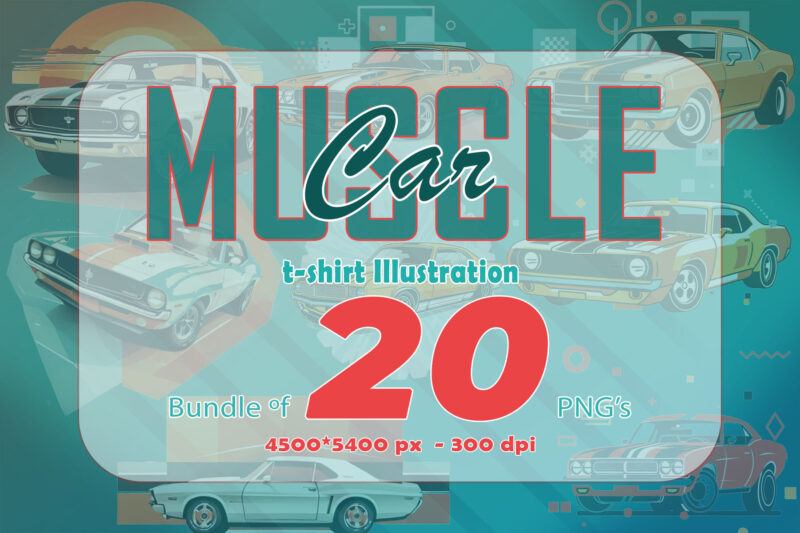 Trendy American Muscle Car t-shirt design bundle with 20 png designs – download instantly