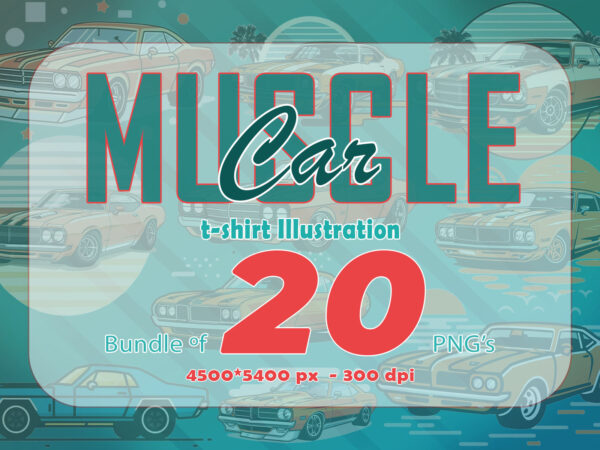 Retro american muscle car t-shirt design bundle with 20 png designs – download instantly