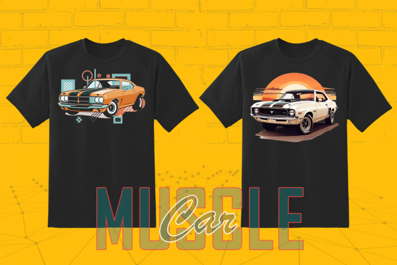 Trendy American Muscle Car t-shirt design bundle with 20 png designs – download instantly