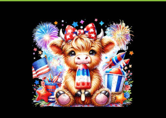 4th Of July Highland Cow Popsicle Firework PNG, Cow 4th Of July PNG