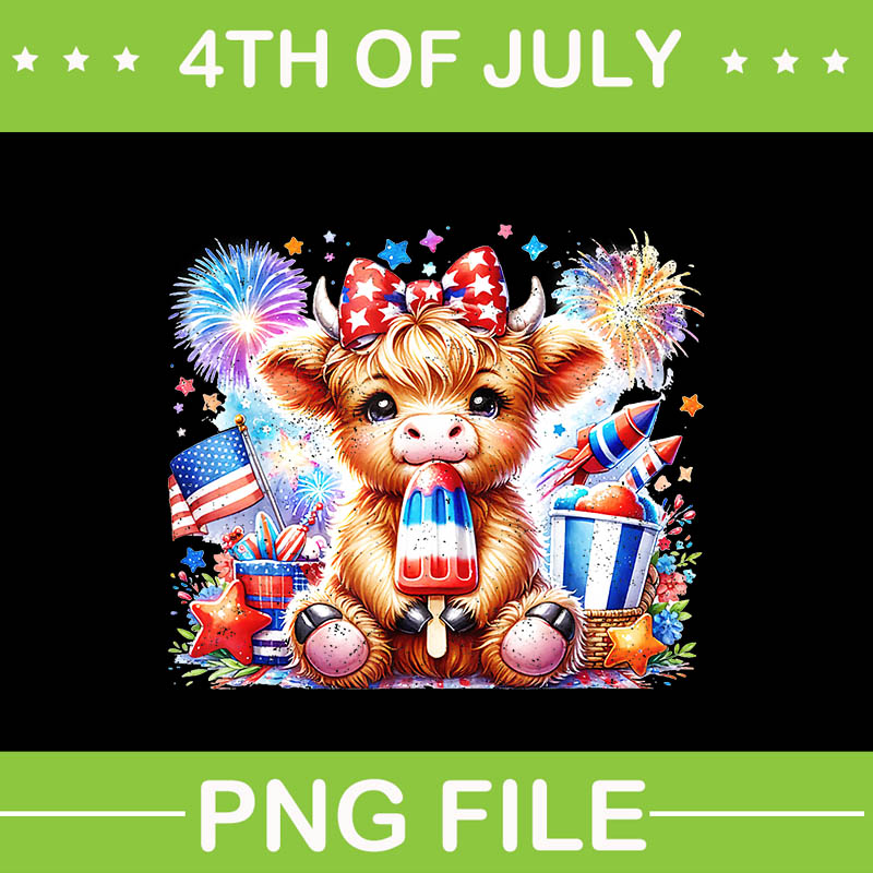 4th Of July Highland Cow Popsicle Firework PNG, Cow 4th Of July PNG