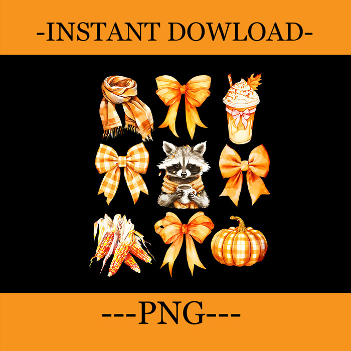 Coquette Bow Pumpkin Spice Raccoon Thanksgiving Autumn Fall PNG, Coquette Bow Racoon PNG