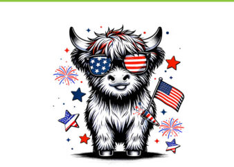 Cute Highland Cow 4th Of July PNG, Cow USA Flag Patriotic PNG t shirt vector file