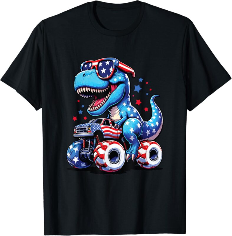 4th Of July T Rex Dino Trex Dinosaur Monster Truck Usa Flag T-Shirt