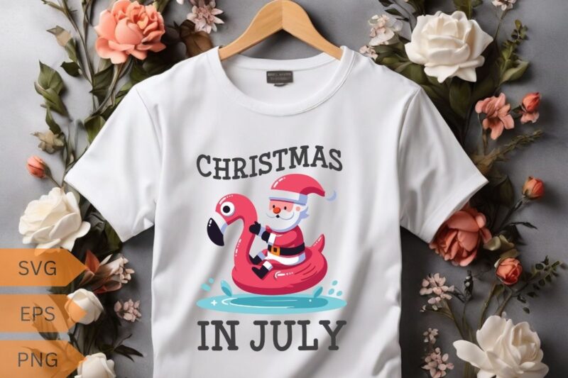 Christmas In July Beach Summer flamingo T-Shirt design vector, santa riding on flamingo swimming ring, Christmas In July shirt vector