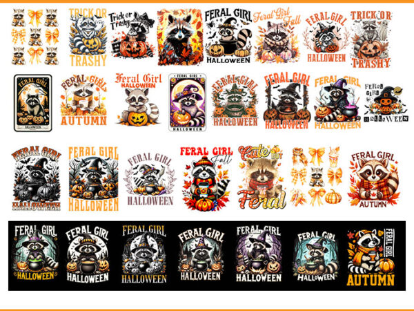 Bundle 30 racoon fall season png, feral girl halloween raccoon png, feral fall autumn png, t shirt template