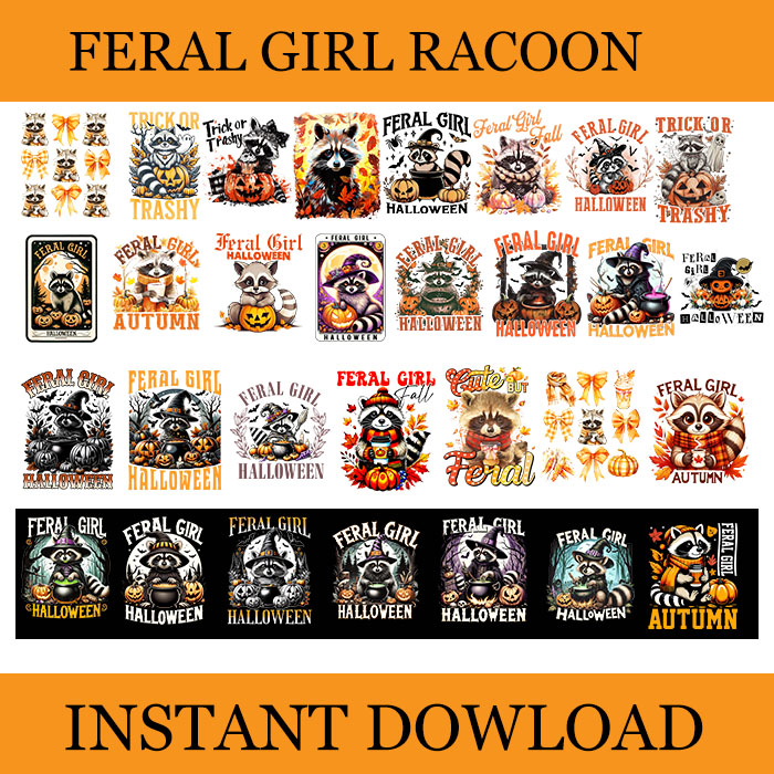 Bundle 30 Racoon Fall Season PNG, Feral Girl Halloween Raccoon PNG, Feral Fall Autumn PNG,