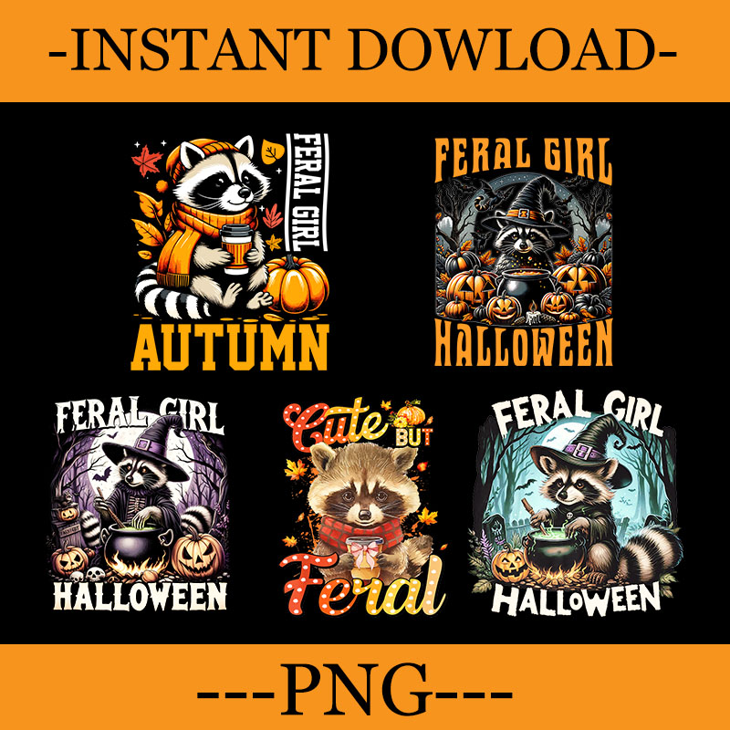 Bundle Racoon Fall Season PNG, Feral Girl Halloween Raccoon PNG, Feral Fall Autumn Raccoon PNG