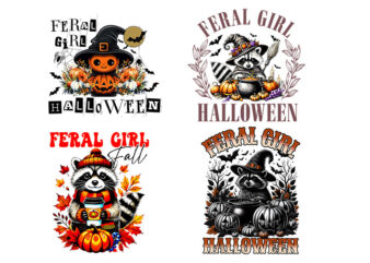 Bundle Racoon Fall Season PNG, Feral Girl Halloween Raccoon PNG, Feral Fall Autumn Raccoon PNG