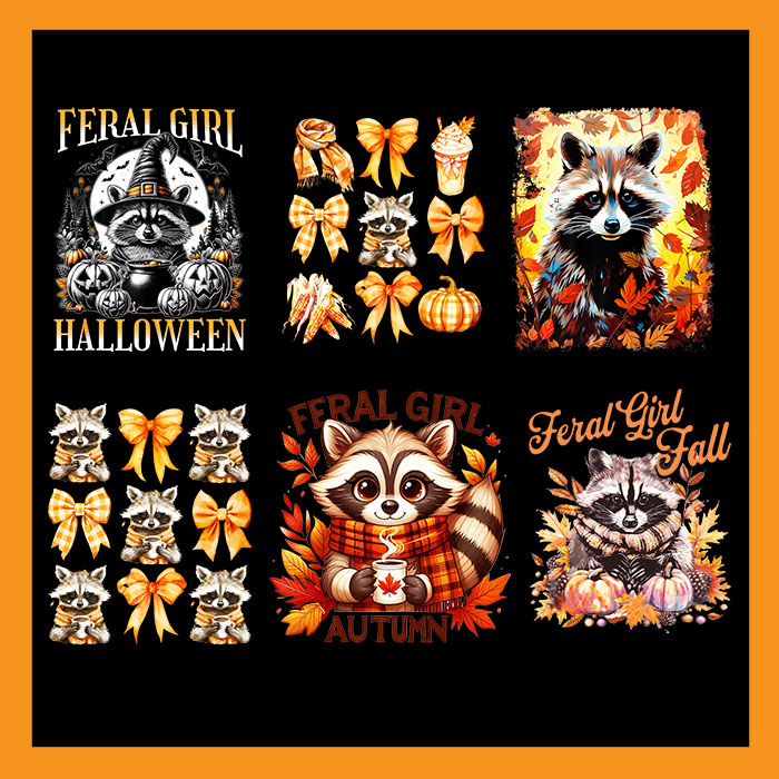 Bundle Racoon Fall Season PNG, Feral Girl Halloween Raccoon PNG, Feral Fall Autumn Raccoon PNG