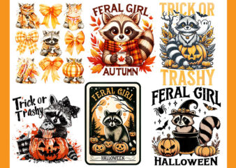 Bundle Racoon Fall Season PNG, Feral Girl Halloween Raccoon PNG, Feral Fall Autumn Raccoon PNG t shirt template