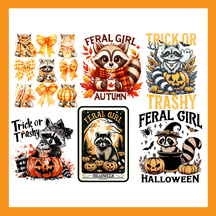 Bundle Racoon Fall Season PNG, Feral Girl Halloween Raccoon PNG, Feral Fall Autumn Raccoon PNG