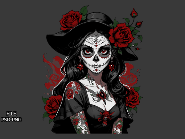 Adorable tattooed girl with catrina makeup t shirt vector